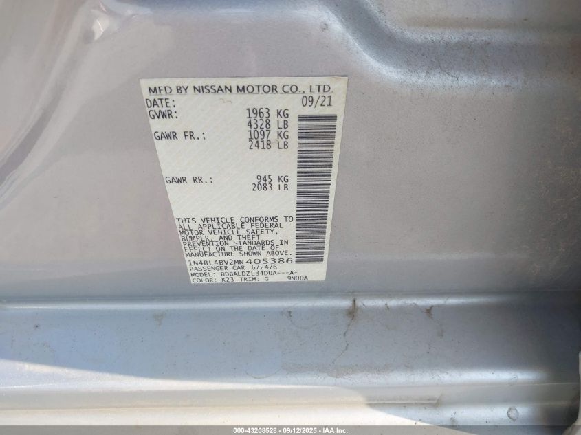 2021 Nissan Altima S Fwd VIN: 1N4BL4BV2MN405386 Lot: 43208528