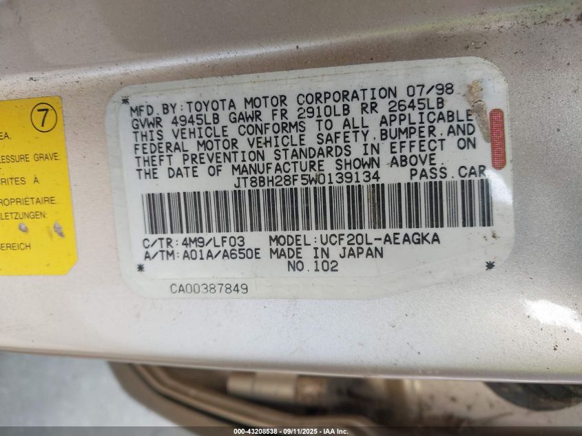 1998 Lexus Ls 400 400 VIN: JT8BH28F3W0131582 Lot: 43208538