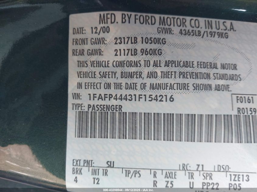 2001 Ford Mustang VIN: 1FAFP44431F154216 Lot: 43208544