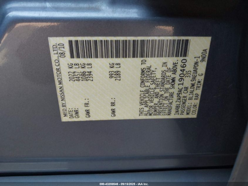 2010 Nissan Altima 3.5 Sr VIN: 1N4BL2AP9AC190460 Lot: 43208546