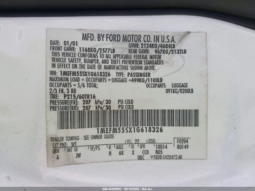 2001 Mercury Sable Ls Premium VIN: 1MEFM55SX1G618326 Lot: 43208561