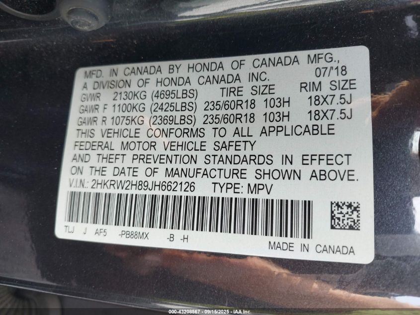 2018 Honda Cr-V Ex-L/Ex-L Navi VIN: 2HKRW2H89JH662126 Lot: 43208567