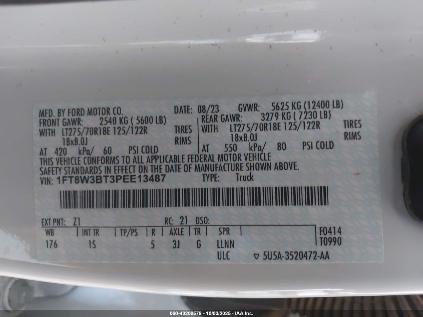 2023 Ford F-350 Xl VIN: 1FT8W3BT3PEE13487 Lot: 43208579