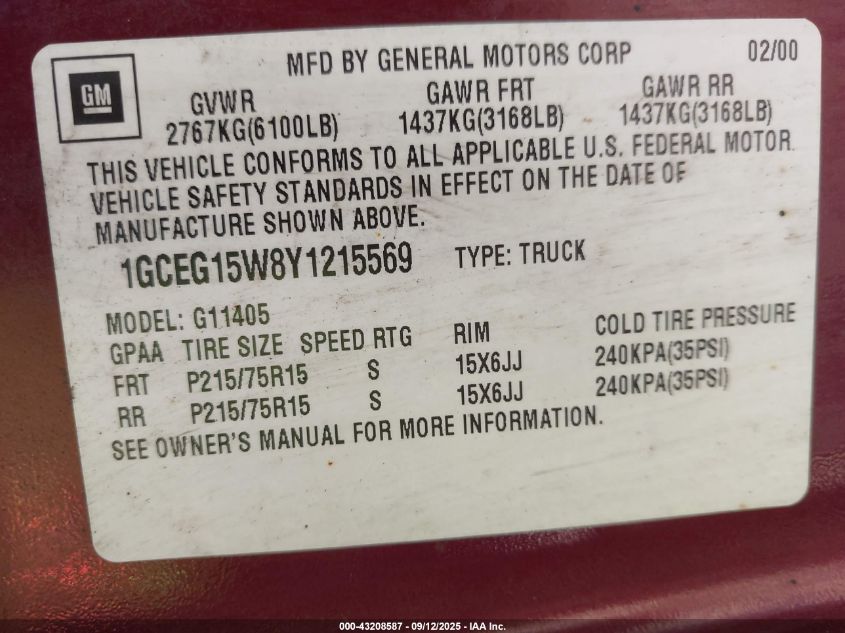 2000 Chevrolet Express VIN: 1GCEG15W8Y1215569 Lot: 43208587