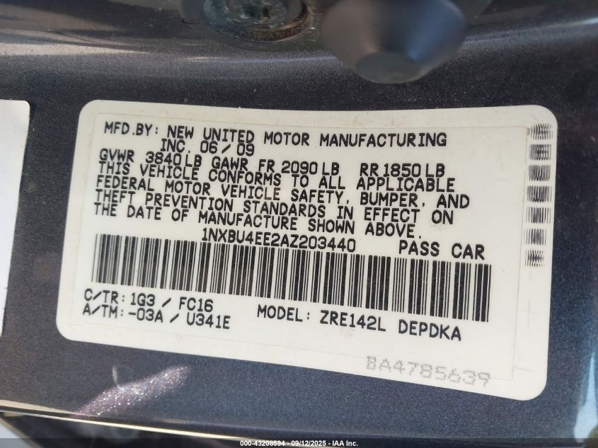 2010 Toyota Corolla Le VIN: 1NXBU4EE2AZ203440 Lot: 43208594