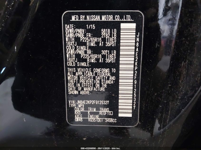 2015 Nissan Quest Platinum/S/Sl/Sv VIN: JN8AE2KP2F9125327 Lot: 43208598