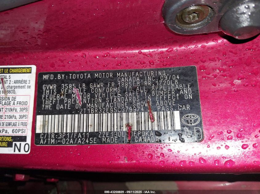 2005 Toyota Corolla Ce VIN: 2T1BR32E95C379974 Lot: 43208609