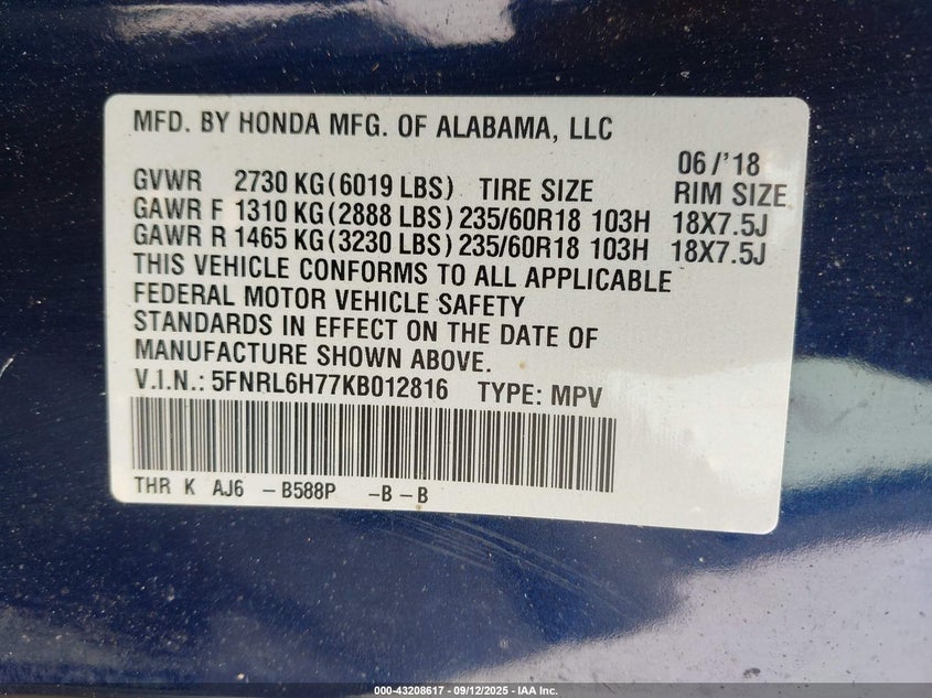 2019 Honda Odyssey Ex-L VIN: 5FNRL6H77KB012816 Lot: 43208617