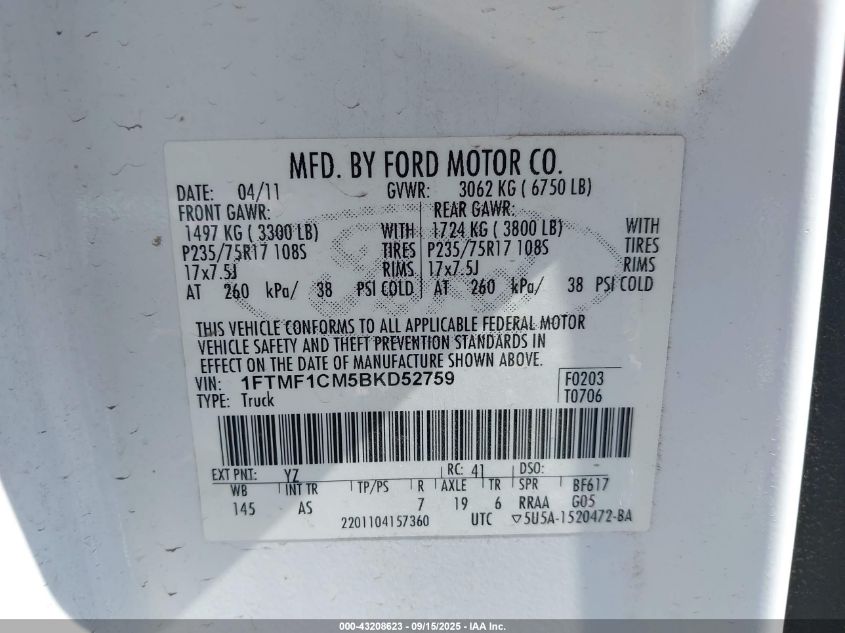 2011 Ford F-150 Xl VIN: 1FTMF1CM5BKD52759 Lot: 43208623