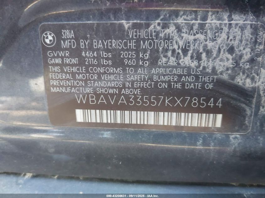 2007 BMW 328I VIN: WBAVA33557KX78544 Lot: 43208631