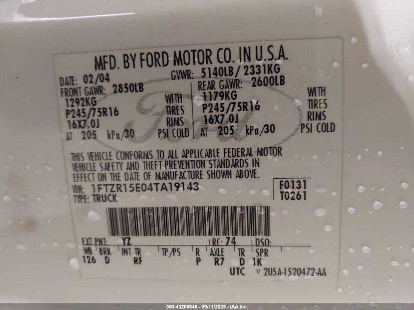2004 Ford Ranger Xlt VIN: 1FTZR15E04TA19143 Lot: 43208646