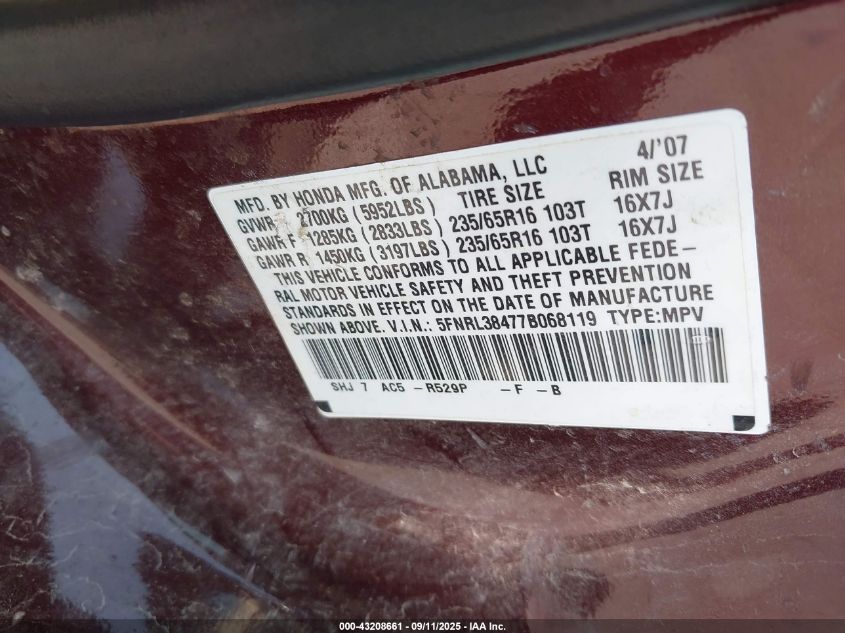 2007 Honda Odyssey Ex VIN: 5FNRL38477B068119 Lot: 43208661