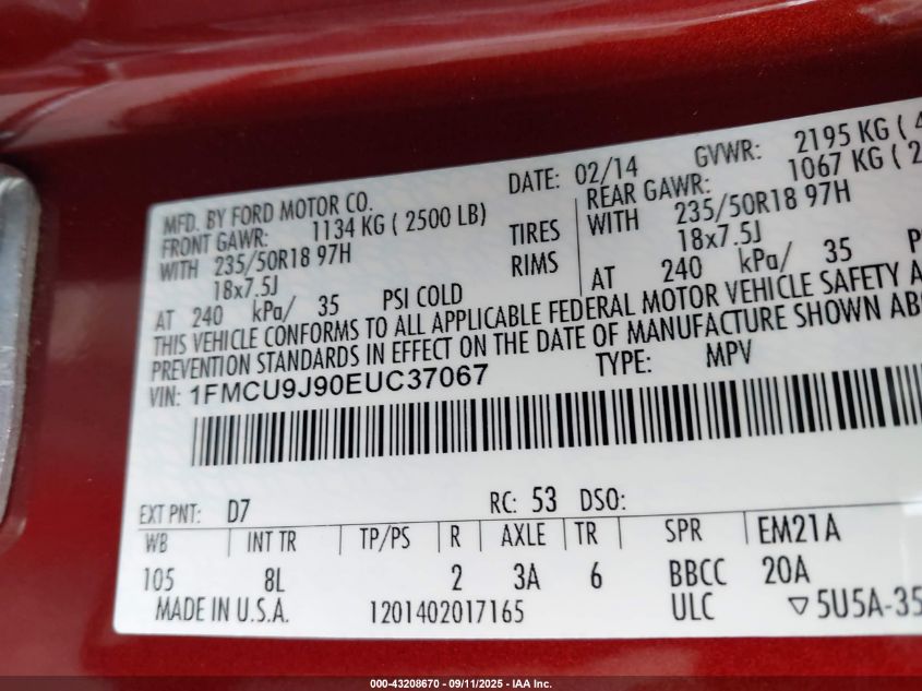 2014 Ford Escape Titanium VIN: 1FMCU9J90EUC37067 Lot: 43208670