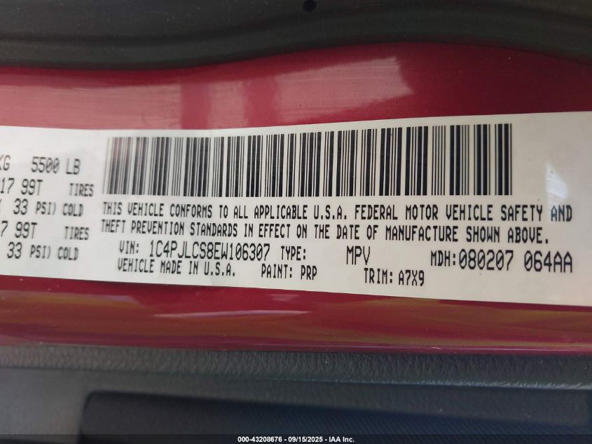 2014 Jeep Cherokee Latitude VIN: 1C4PJLCS8EW106307 Lot: 43208676