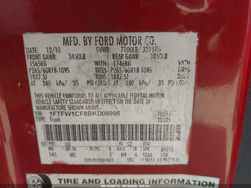 2011 Ford F-150 Xlt VIN: 1FTFW1CF8BKD09995 Lot: 43208715