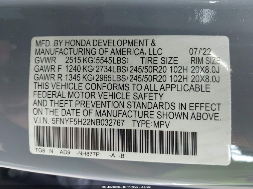2022 Honda Pilot 2Wd Special Edition VIN: 5FNYF5H22NB032767 Lot: 43208734