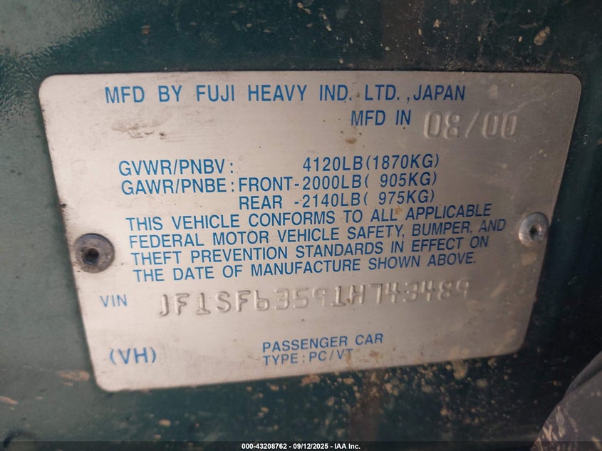 2001 Subaru Forester L VIN: JF1SF63591H743489 Lot: 43208762