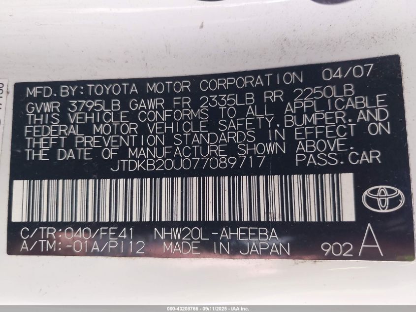 2007 Toyota Prius VIN: JTDKB20U077089717 Lot: 43208766