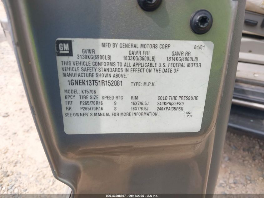 2001 Chevrolet Tahoe Lt VIN: 1GNEK13T51R152081 Lot: 43208767