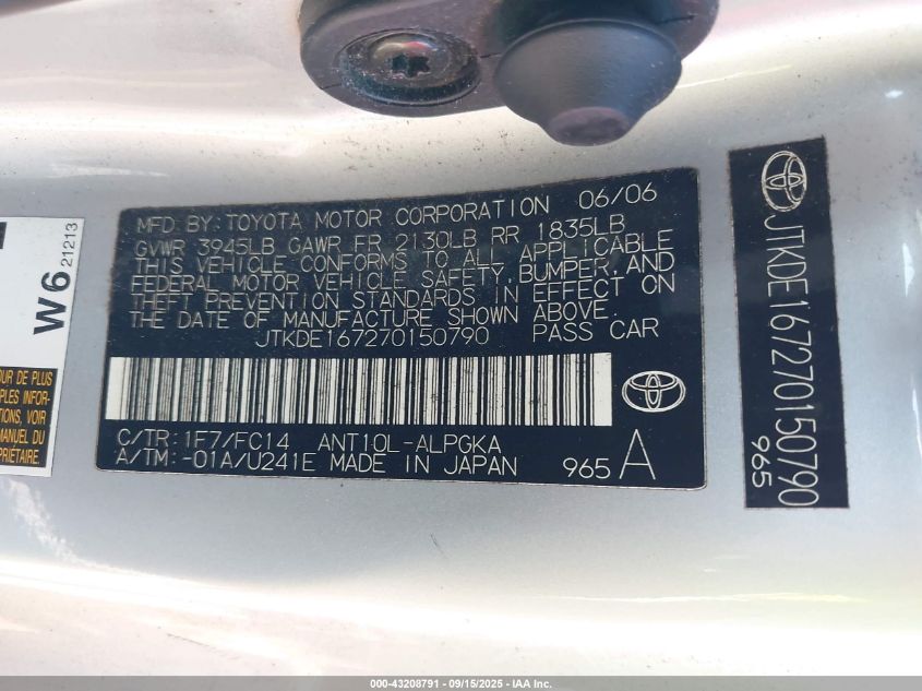 2007 Scion Tc VIN: JTKDE167270150790 Lot: 43208791