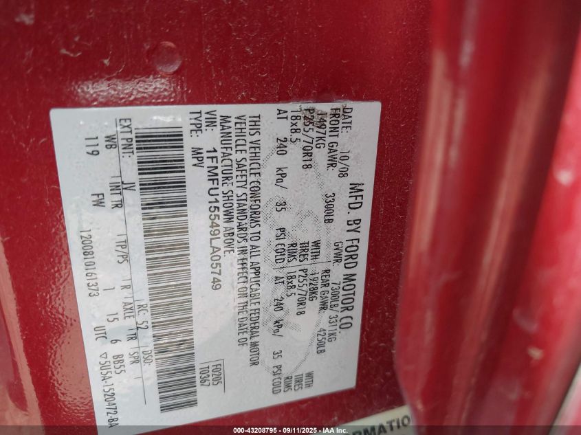 2009 Ford Expedition Xlt VIN: 1FMFU15549LA05749 Lot: 43208795