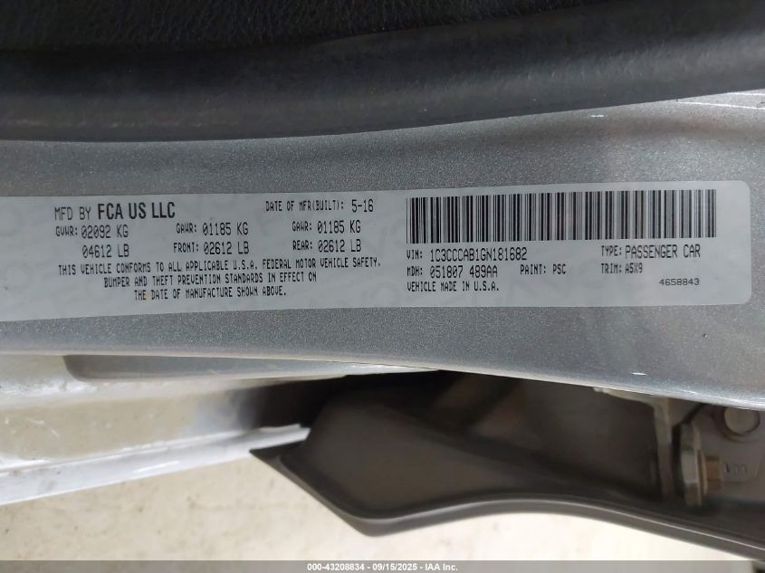 2016 Chrysler 200 Limited VIN: 1C3CCCAB1GN181682 Lot: 43208834