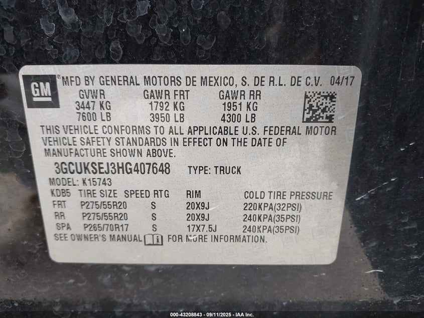 2017 CHEVROLET SILVERADO 1500 1LZ - 3GCUKSEJ3HG407648