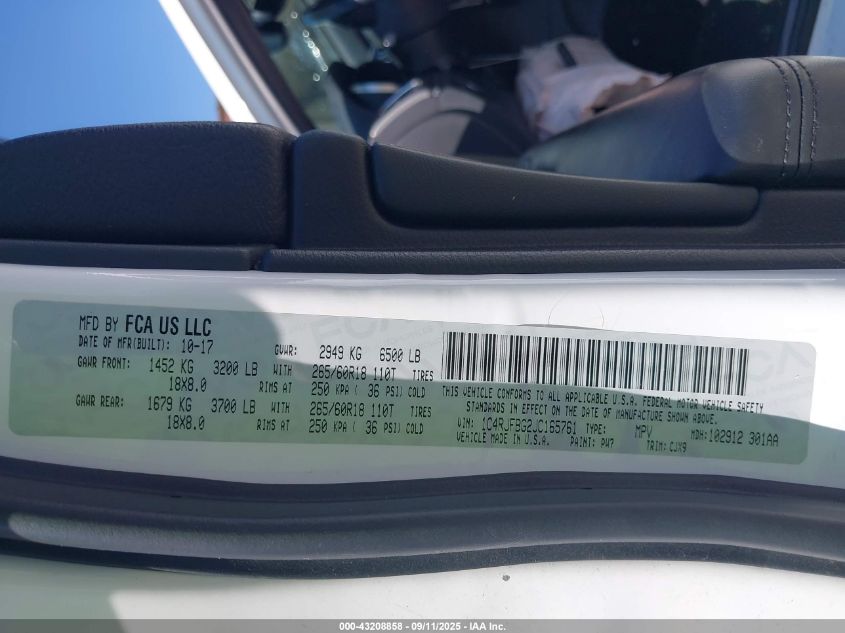 2018 Jeep Grand Cherokee Limited 4X4 VIN: 1C4RJFBG2JC165761 Lot: 43208858