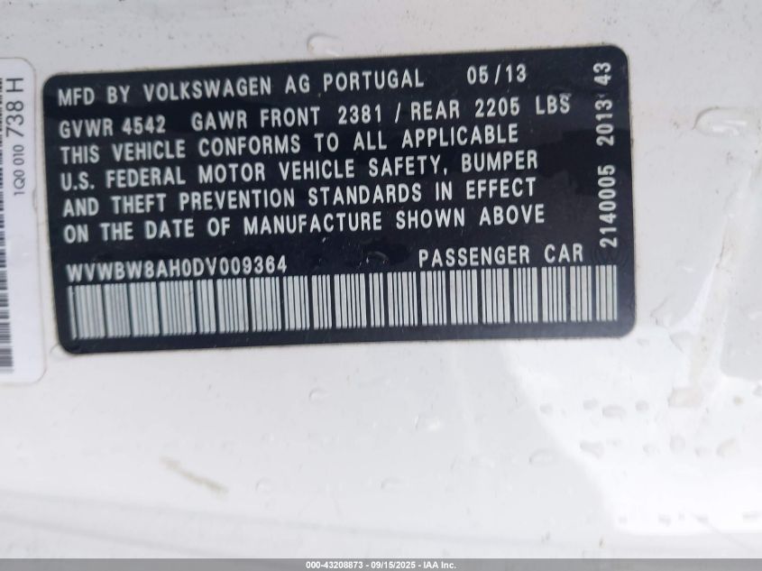 2013 Volkswagen Eos Komfort VIN: WVWBW8AH0DV009364 Lot: 43208873