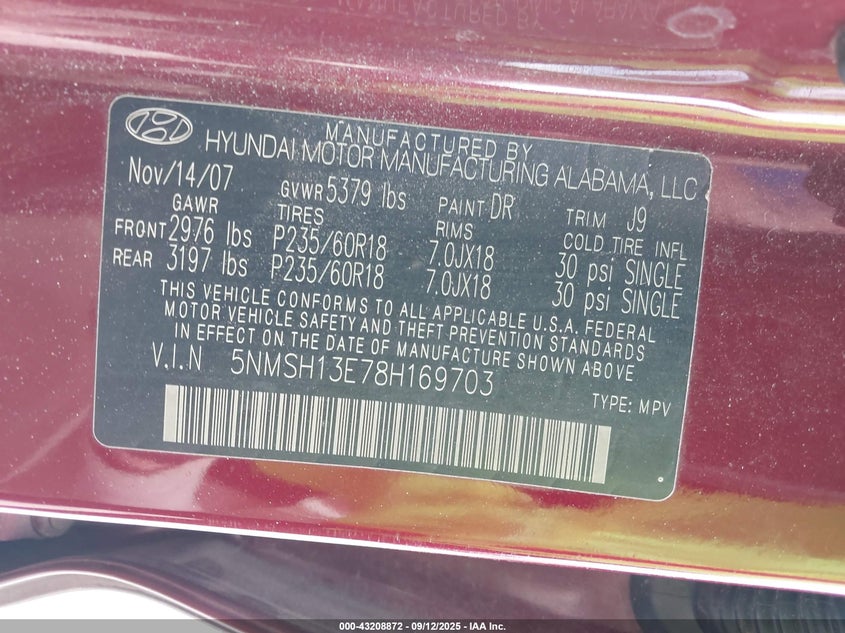 2008 Hyundai Santa Fe Limited/Se VIN: 5NMSH13E78H169703 Lot: 43208872