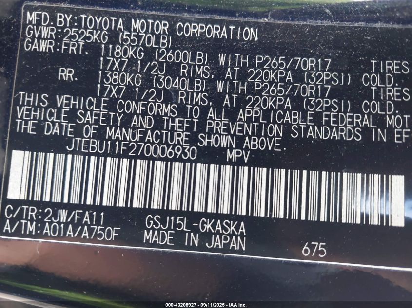 2007 Toyota Fj Cruiser VIN: JTEBU11F270006930 Lot: 43208927