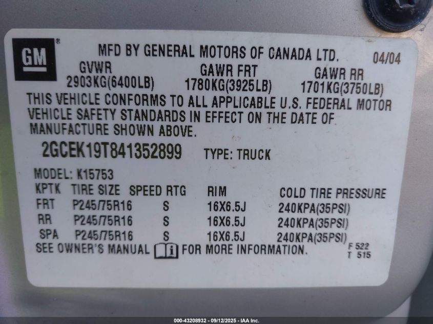 2004 Chevrolet Silverado 1500 VIN: 2GCEK19T841352899 Lot: 43208932