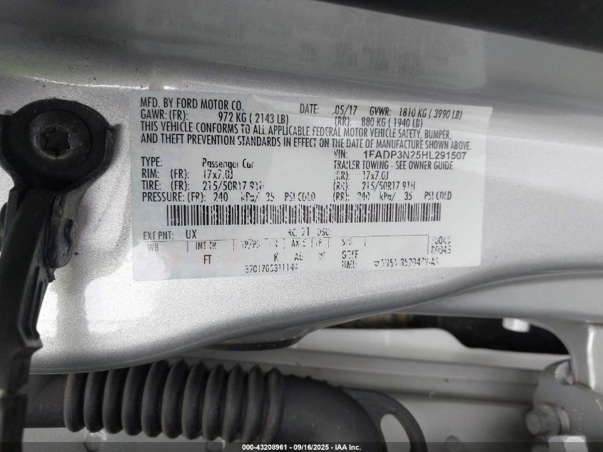 2017 Ford Focus Titanium VIN: 1FADP3N25HL291507 Lot: 43208961