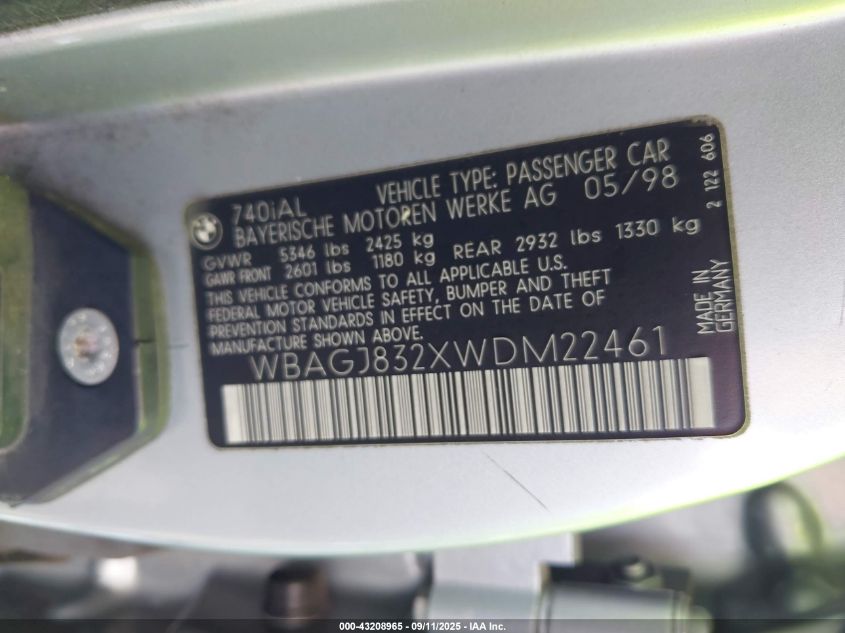 1998 BMW 740Il VIN: WBAGJ832XWDM22461 Lot: 43208965