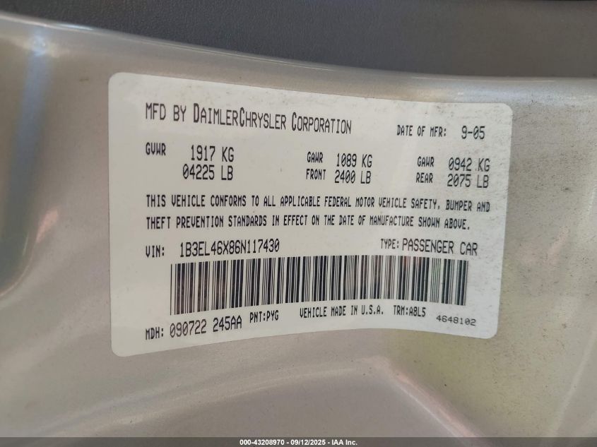 2006 Dodge Stratus Sxt VIN: 1B3EL46X86N117430 Lot: 43208970