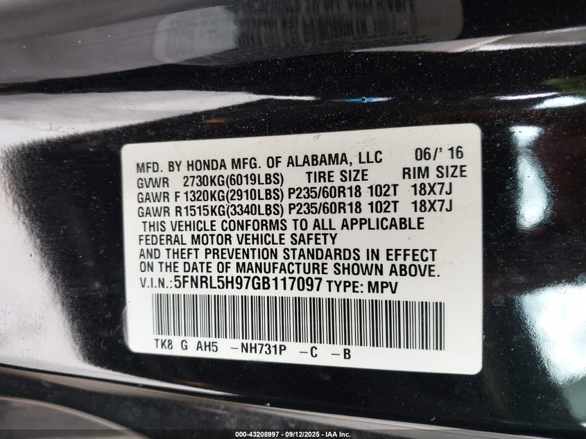 2016 HONDA ODYSSEY TOURING/TOURING ELITE - 5FNRL5H97GB117097