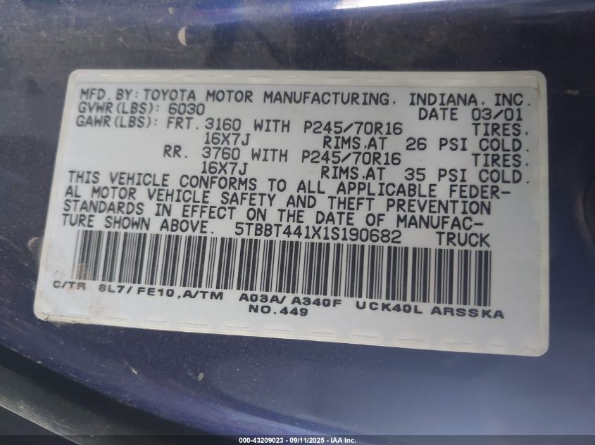 2001 Toyota Tundra Sr5 V8 VIN: 5TBBT441X1S190682 Lot: 43209023