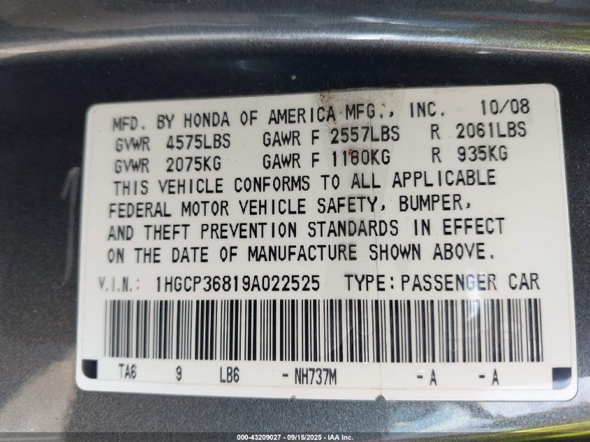 2009 Honda Accord 3.5 Ex-L VIN: 1HGCP36819A022525 Lot: 43209027