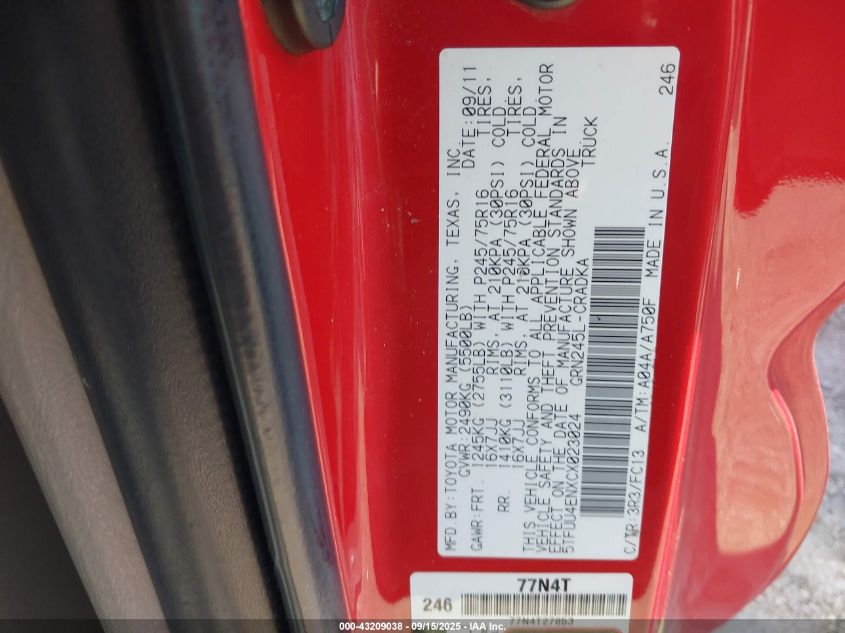 2012 Toyota Tacoma Base V6 VIN: 5TFUU4ENXCX023024 Lot: 43209038