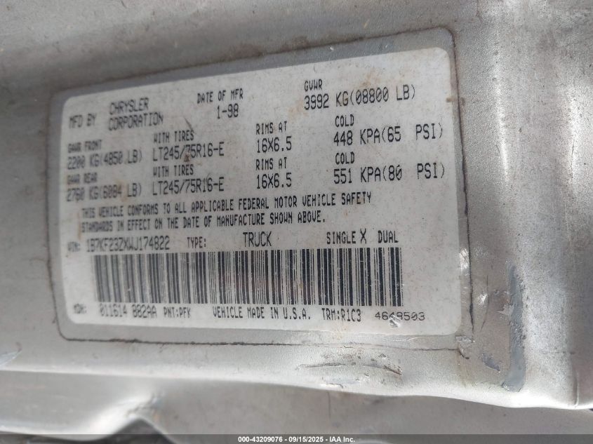 1998 Dodge Ram 2500 St VIN: 1B7KF23ZXWJ174822 Lot: 43209076