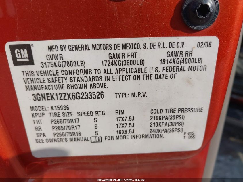 2006 Chevrolet Avalanche 1500 Z71 VIN: 3GNEK12ZX6G233526 Lot: 43209079