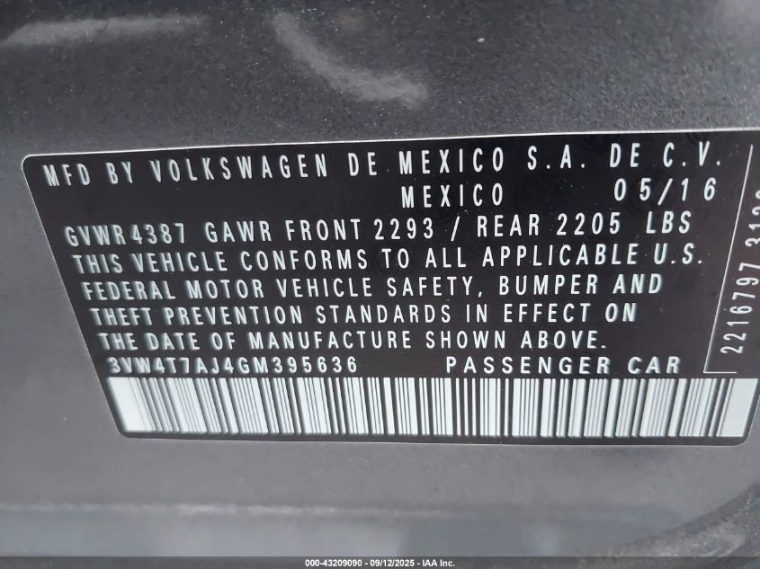 2016 Volkswagen Jetta 2.0T Gli Sel VIN: 3VW4T7AJ4GM395636 Lot: 43209090