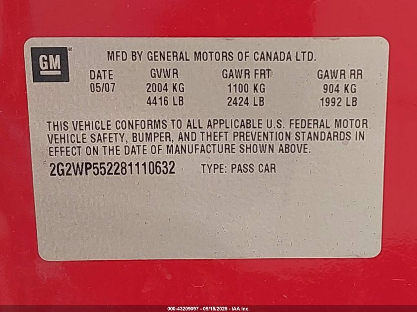 2008 Pontiac Grand Prix VIN: 2G2WP552281110632 Lot: 43209097