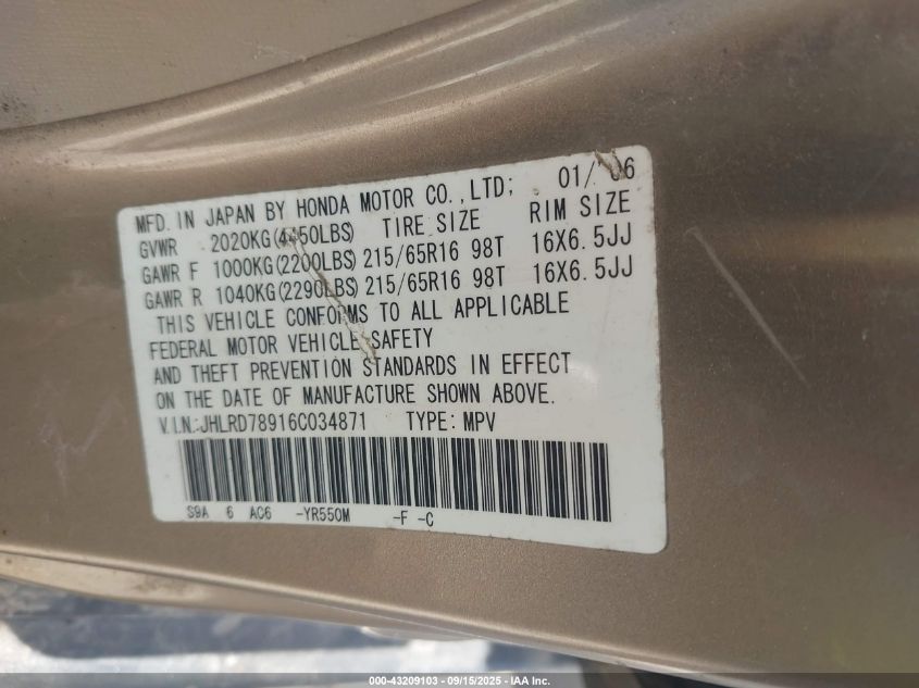 2006 Honda Cr-V Se VIN: JHLRD78916C034871 Lot: 43209103