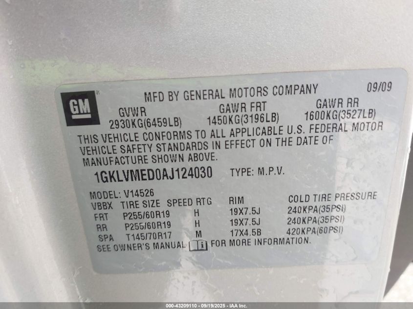 2010 GMC Acadia Slt-1 VIN: 1GKLVMED0AJ124030 Lot: 43209110
