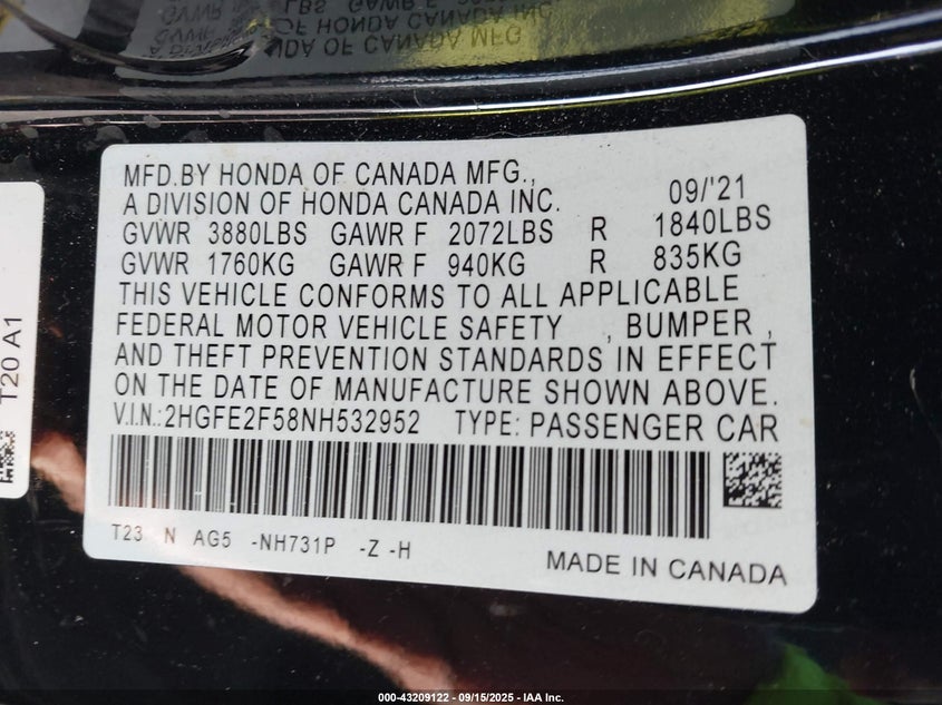 2022 HONDA CIVIC SPORT - 2HGFE2F58NH532952