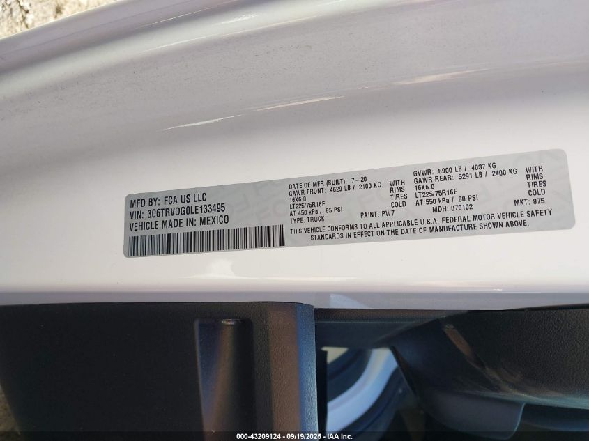 2020 Ram Promaster 2500 High Roof 159 Wb VIN: 3C6TRVDG0LE133495 Lot: 43209124