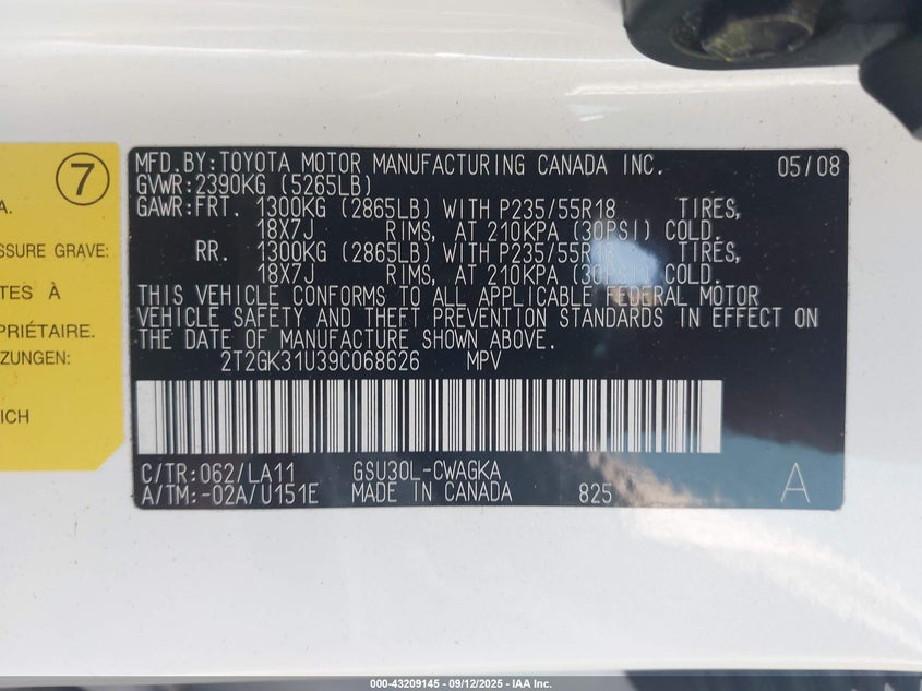 2009 Lexus Rx 350 VIN: 2T2GK31U39C068626 Lot: 43209145