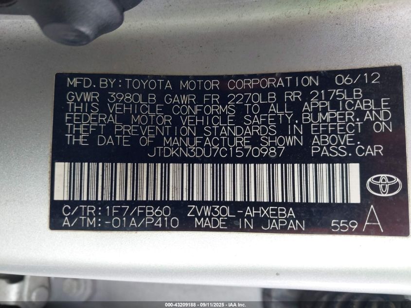 2012 Toyota Prius Two VIN: JTDKN3DU7C1570987 Lot: 43209188