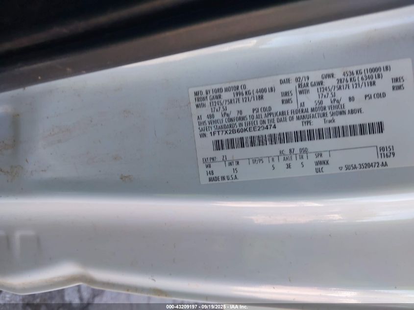 2019 Ford F-250 Xl VIN: 1FT7X2B60KEE29474 Lot: 43209197